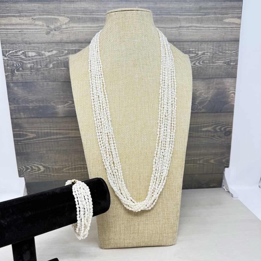 Vintage Freshwater Pearl Multi Strand Necklace and Bracelet 14K Gold Clasp